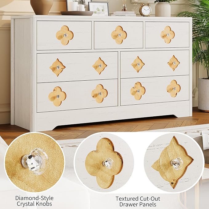 Garvee Dresser for Bedroom with 7 Decorative Front Drawers, 54'' Wide Chest of Drawers with Large Clothes Storage Cabinet, Wood Bedroom Dresser, TV Stand for Nursery, Living Room, Hallway, White