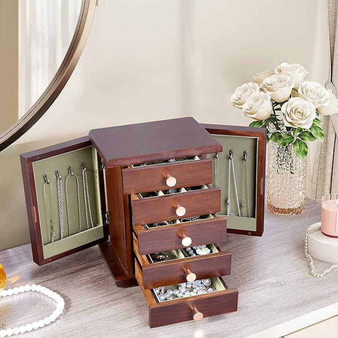 Kendal Wooden Jewelry Box for Women, Wooden Jewelry Organizer, 5-Layer Jewelry Organizer Box with Side Door, Jewelry Holder Organizer for Earrings, Necklaces, Rings