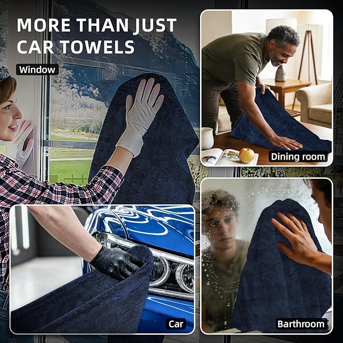 RYCELYSIAN 24" x 36" Twisted-Loop Car Drying Towel, 1500GSM Microfiber Cleaning Cloth for Car, Trucks, Motorcycles, Streak Free, Lint Free, Ultra Absorbent Washing Cloth for Kitchen, Window (Blue)