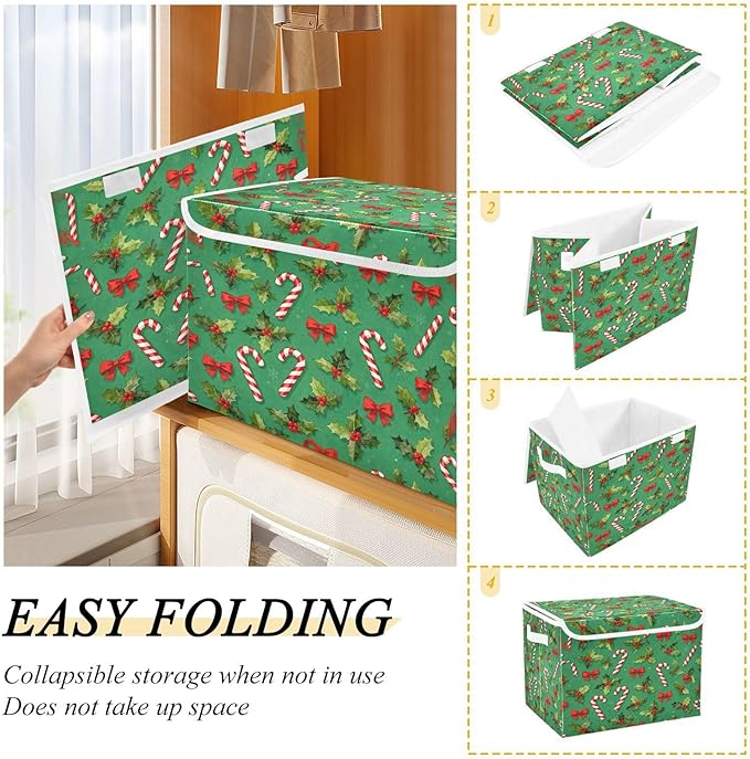 Christmas Candy Canes Holly Bows Storage Bins with Lids Foldable Storage Basket with Handles Collapsible Large Fabric Organizer Containers for Clothes Shelves Closet Office Home