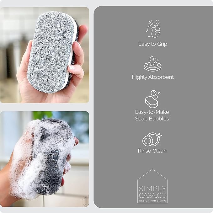 SIMPLYCASA Kitchen Dish Cleaning Sponges - Pack of 6 | Non-Scratch & Fast-Drying | Reusable Scrubbers for Kitchen & Household Use | Stylish Black & White Design