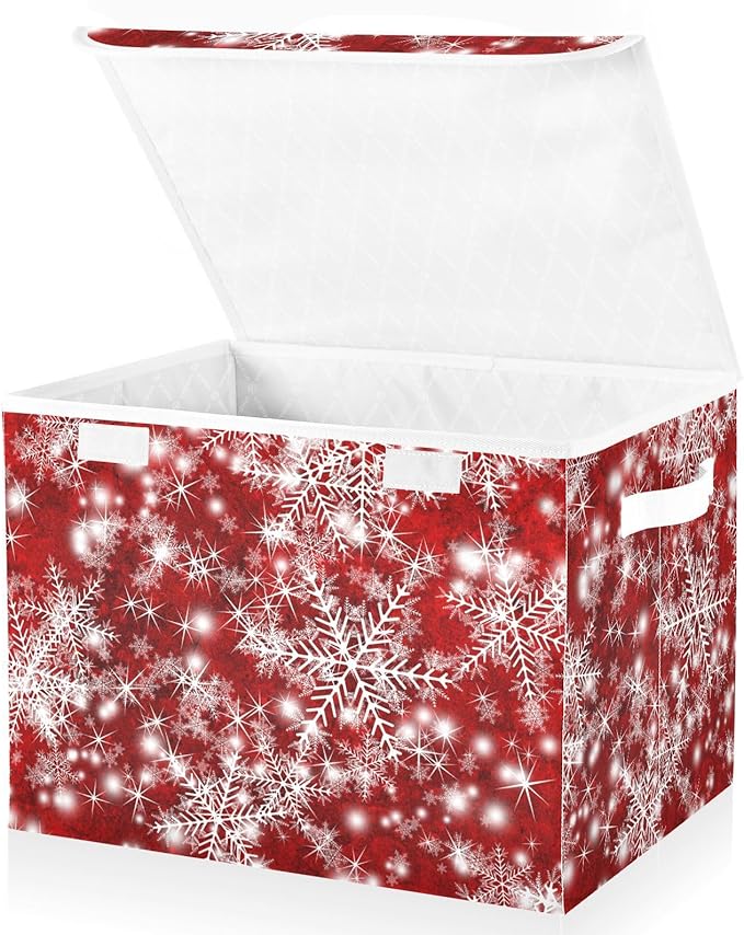 Christmas Baskets Collapsible Storage Bins with Lids, Christmas Background with Snowflakes Red Storage Boxes Clothes Baskets for Organizing