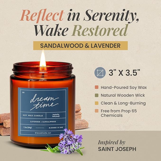 Blessed is She Dream Time 7.2 Oz Crackling Candles for Women/Men - Lavender and Sandalwood Scented Candle for Home in Reusable Glass Jar - Long Burning Soy Candles, 70-84 Hours of Cozy Ambiance
