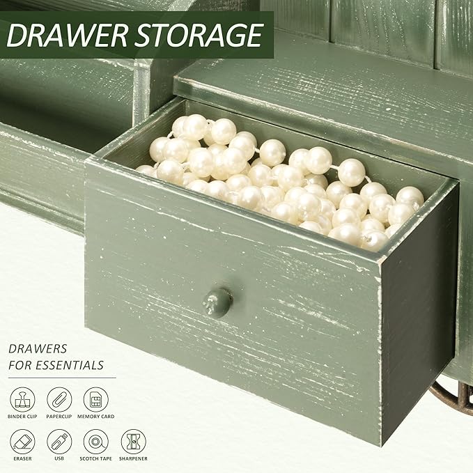 Rebee Vision Farmhouse Key Holder Wall Mount with Mail Sorter - Stylish Mail Organizer with Key Hooks and Drawer Organizer for Home Decor - Rustic Apartment Essentials for Home Improvement (Green)