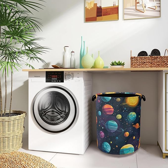 Celestial Planet Laundry Basket,Foldable with Handles Tote Bag Oxford Cloth for Bathroom Bedroom Dirty Clothes Storage Bucket 16" x 20.8"
