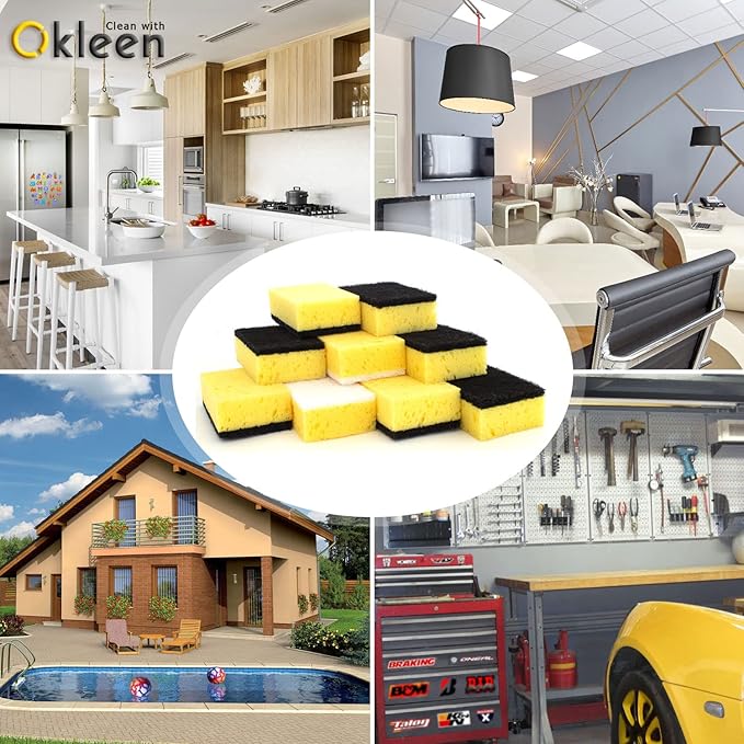 Okleen Yellow Multi Use Scrub Sponge. Made in Europe. Large Pack of 18. 4.3x2.8x1.4 inches. Black Heavy Duty & White Non Scratch Fiber. Best Odorless & Durable Professional Scrubber for Commercial Use