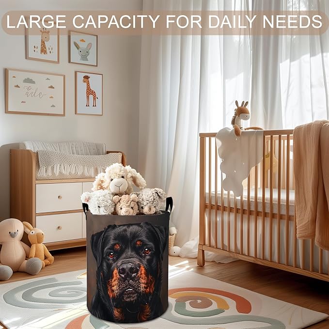 Rottweiler Laundry Basket Hamper 19.7"x15.8", Dog Foldable Waterproof Oxford Clothes Storage Bucket for Room Bathroom Bedroom Nursery Decor, Toy Organizer Bins Gifts for Kids Boys Girls