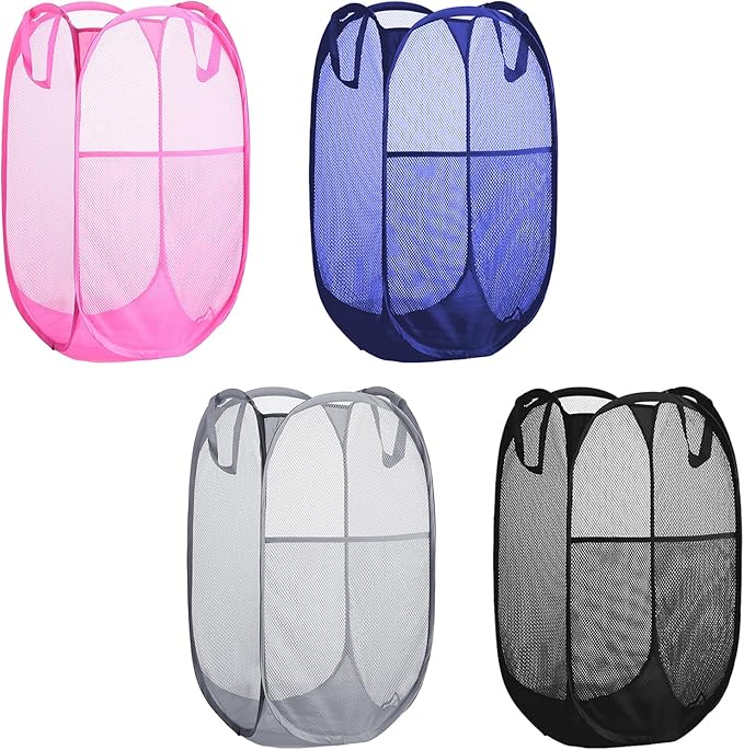 Buyongwant Collapsible Pop Up Laundry Hamper, Extra Large Mesh Foldable Laundry Basket Bag, 28" x 16" x 16", 4 Pack (Black + Pink + Grey + Blue)