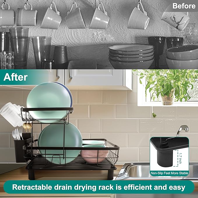 Goderewild 2-Tier Dish Drying Rack for Kitchen Counter,Space-Saving Dish Rack with Drainboard,Rustproof Countertop Dish Drainer with Utensil Holder for Sink,Black