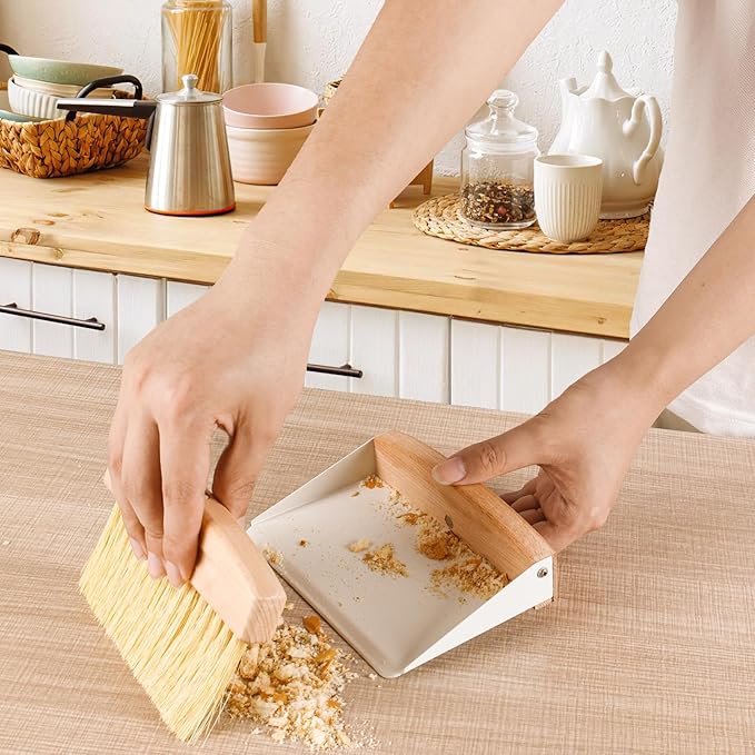 Small Dust Pan and Brush Set, Mini Hand Broom and Dustpan Set, Wooden Crumb Sweeper for Home Desktop, Sofa, Pet Care Household (White)
