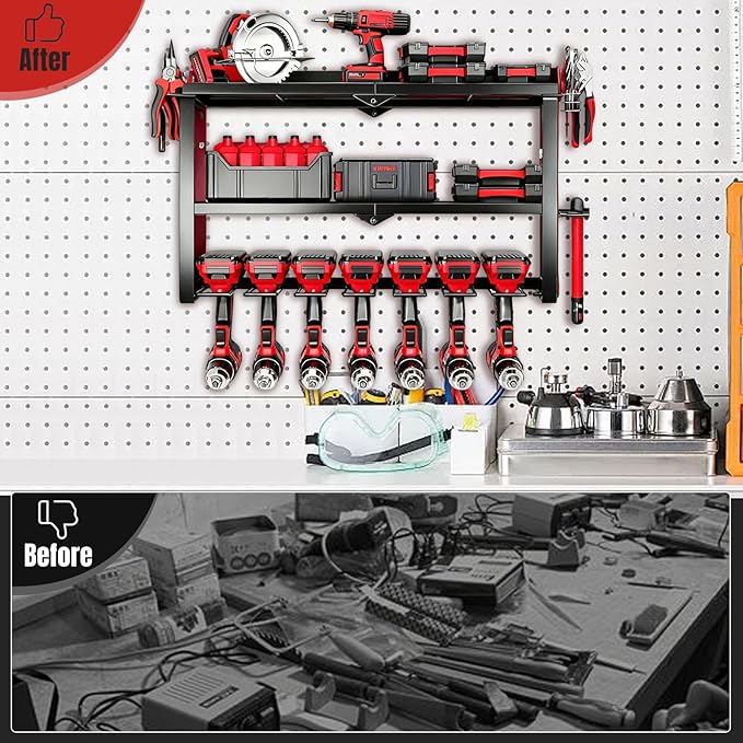 CRELYSTER Power Tool Organizer Wall Mount, 150Lbs 3 Layer Metal Tool Storage Rack with 7 Cordless Drill Holder Heavy Duty, Battery Drills Storage Tool Organizer for Workshop,Garage,Tool Room,Pegboard