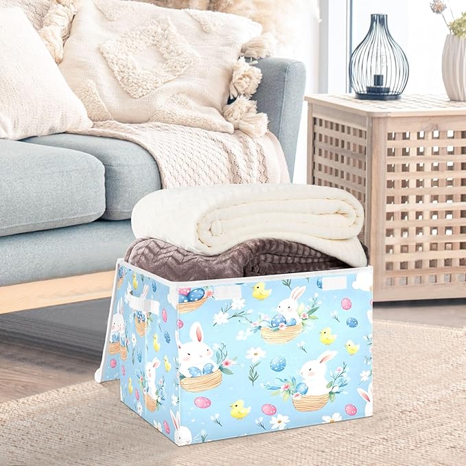 Bolaz Cute Bunny Easter Egg Pattern Storage Bins with Lids and Handles, Storage Box Basket with Cover Collapsible Organizer Containers for Home Closet, Shelves