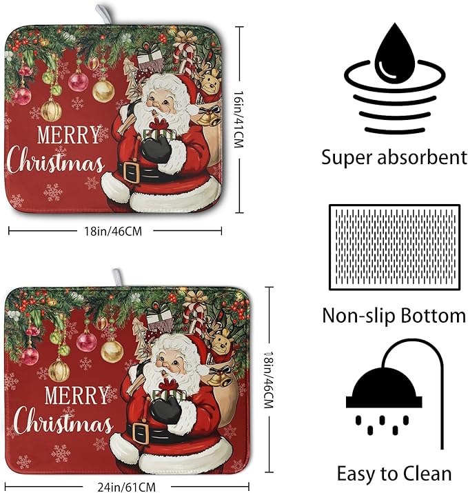 Kwlegh Merry Christmas Dish Drying Mat Santa Claus Kitchen Drainer Mats Microfiber Absorbent Winter Xmas Holiday Dishes Pad Reusable Dish Rack Mat for Countertop Tableware Decor 18x24 Inch