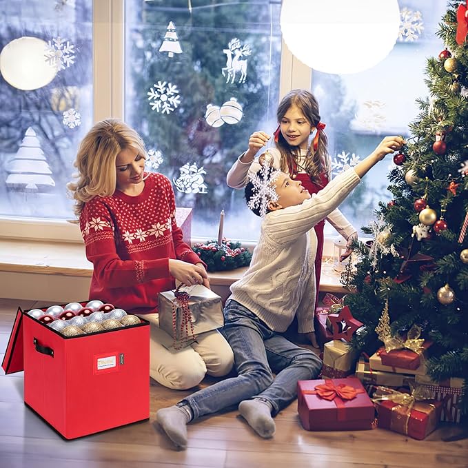 BALEINE Christmas Ornament Storage Box with Dividers, Premium Holiday Ornaments Storage Container Bin for Xmas Decorations (64 Ball, Grey, Without Tray)