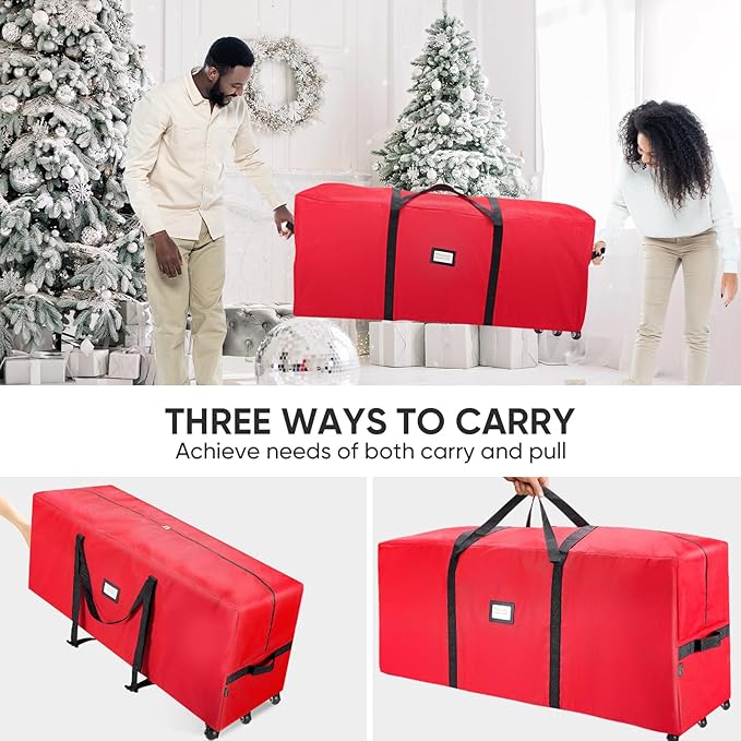 BALEINE 9 ft Rolling Christmas Tree Storage Bag, 3 Swivel Wheels for Easy Moving, Heavy Duty 600D Oxford Fabric Extra Large Artificial Christmas Tree Bag with Reinforced Carry Handles (Red)