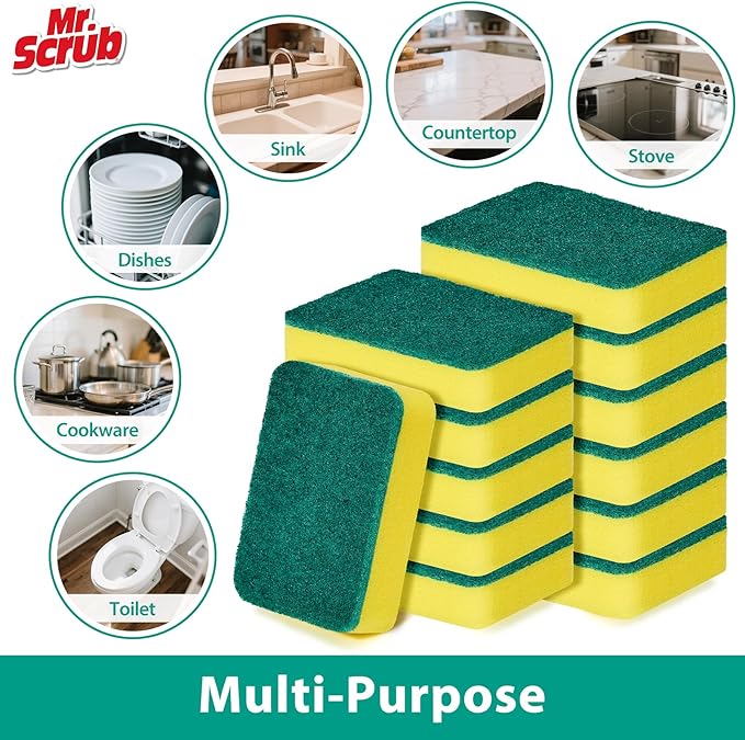 Mr. Scrub Sponges Kitchen Scrub Dish Sponge Scouring Pad, 24 Pack Cleaning Brush Scrubber Supplies for Soap, Dishwashing Dinnerware Sets Pan Pot Towels Cloth Rags Holder Glass Dishwasher Sink Bathroom