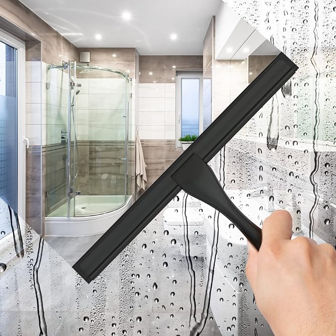 All-Purpose Stainless Steel Shower Squeegee for Shower Glass Door with Adhesive Hook, Bathroom Cleaner Tool Household Window Mirror Squeegee for Glass Doors, Cleaning Tile Wall, Car, 10 inch, Black