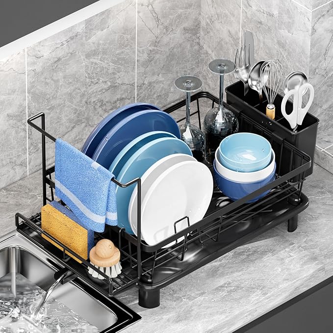 GAOKASE Dish Drying Rack, Compact Dish Racks for Kitchen Counter with Sponge Rack, Space-Saving Dish Drainer Drying Rack with Drainboard, Utensil Holder and and Automatic Drainage Drainboard, Black