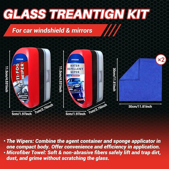 Car Windshield Water Repellent & Anti-Fog Treatment - Quick Interior & Exterior Glass Coating Kit, Rain Repellent Spray for Windows, Mirror, Paint Protection - Long-Lasting Visibility, Pack of 2