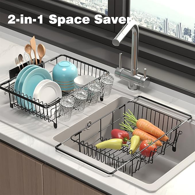 jouzevic Dish Drying Rack in Sink: Expandable, 3-Slot Utensil Holder, Anti-Slip Handle. Small Dish Rack: Ideal for Small Households. Kitchen Drying Rack: Black