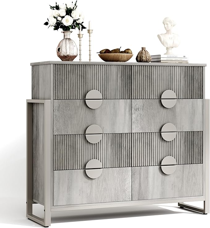 Fluted Dresser for Bedroom with 8 Drawers, 50" Wide Chest of Drawers with Raised H Legs and Curved Profile Design, Wood Closet Clothes Storage Organizer for Bedroom, Hallway, Grey