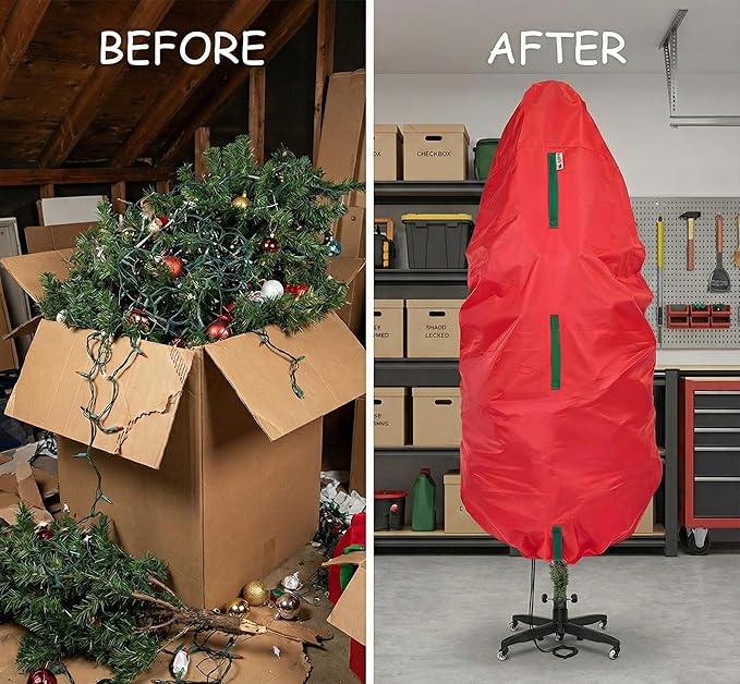 Upright Christmas Tree Storage Bag - Fits 5 Ft Artificial Xmas & Topiary Tree, Vertical Holiday Cover, Durable, Dustproof & Easy-Use Xmas Storage, Red