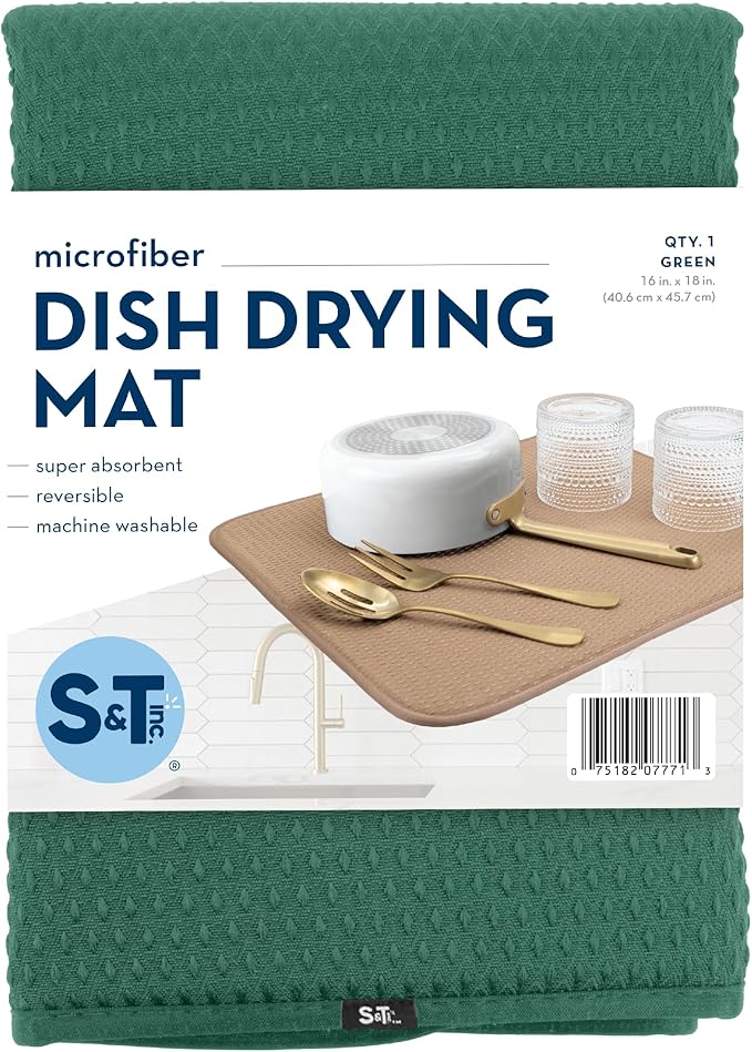 S&T INC. Dish Drying Mat, 16” x 18”, Absorbent Microfiber Kitchen Counter Mat, Drying Pad for Dishes, Utensils, Pots and Pans, Large, Diamond Texture, Emerald Green