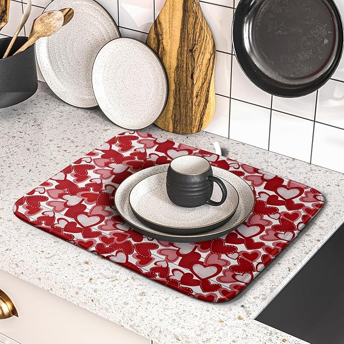 Valentines Day Dish Drying Mat for Kitchen Counter 18x16 Inch Love Drying Mat with Absorbent Reversible Microfiber Red Grey Heart Dish Drainer Mats Rack Pad for Coffee Countertop Protector