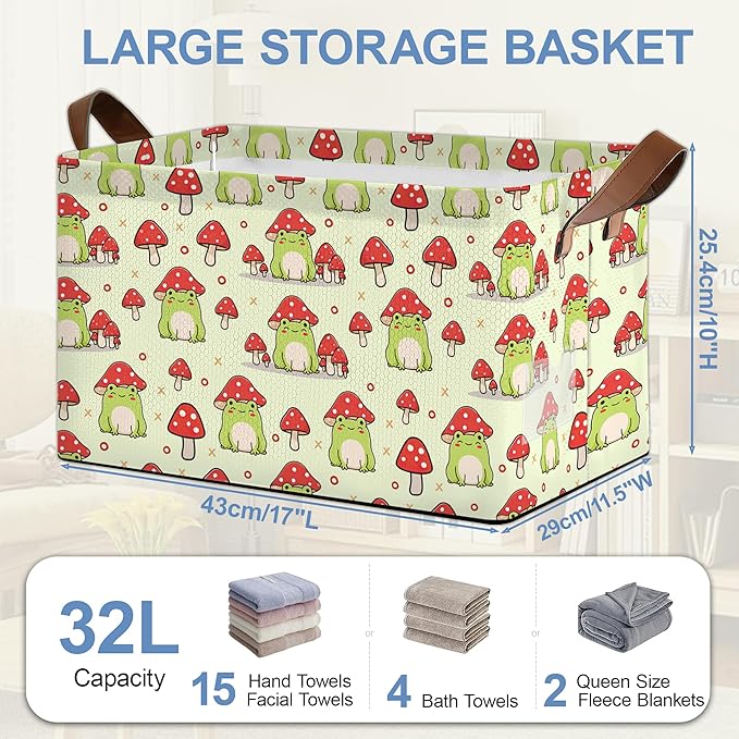 Cute Frog Storage Basket,Mushroom Collapsible Storage Bin Cubes for Living Room Bedroom Blankets Home Storage 17x11.5x10Inch