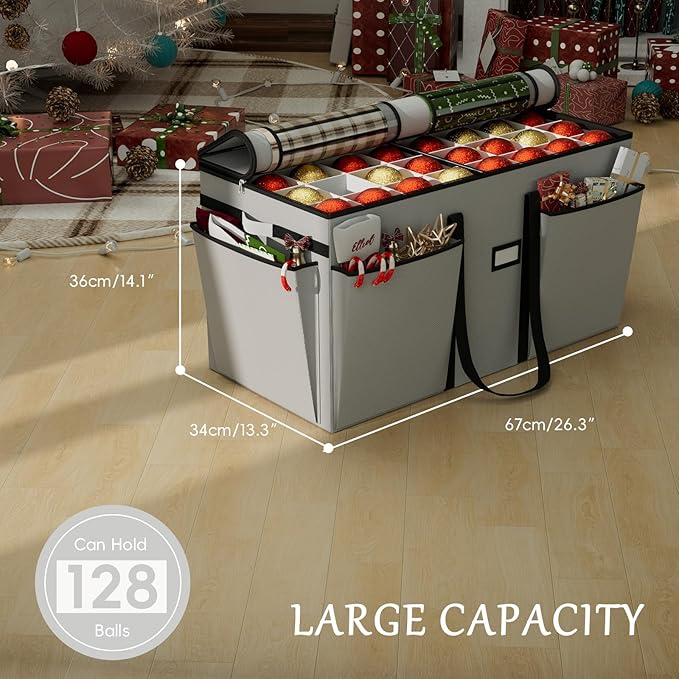VERONLY Christmas Ornament Storage Box with 8 Trays, Christmas Storage Container for 128-3'' Holiday Ornament Decorations, Large Xmas Organizer with Adjustable Dividers, Dual Zipper and Pocket