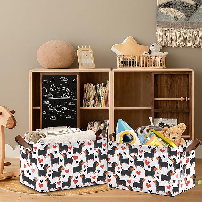 Dachshund Storage Basket,Red Heart Collapsible Storage Bin Cubes for Living Room Bedroom Blankets Home Storage 17x11.5x10Inch