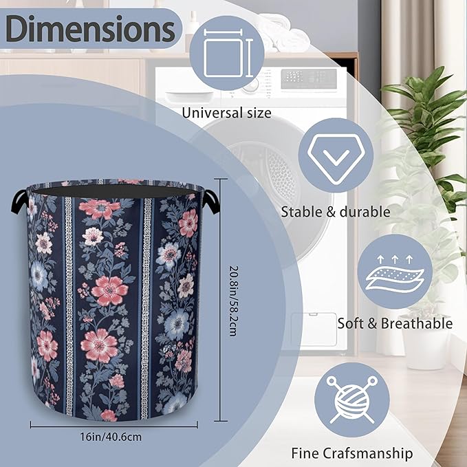 Boho Vintage Flower Laundry Basket,Foldable Oxford Cloth Tote Bag Laundry Hamper Clothes Storage Bucket Organizer for Bedroom Laundry Storage Dormitories 16" x 20.8"