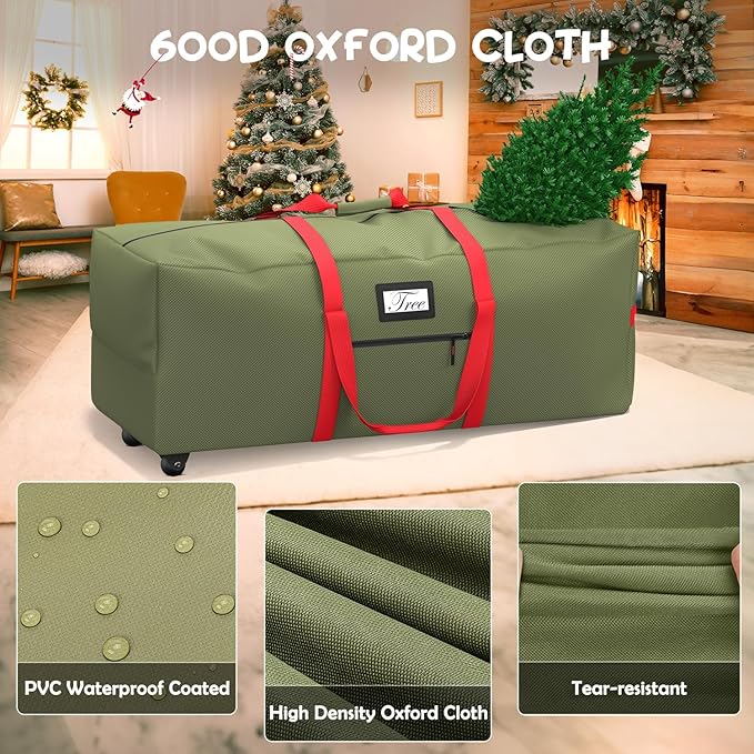 Mrrihand Christmas Tree Storage Bag, Large Artificial Anti-Tear Heavy-Duty 600D Oxford Cloth Xmax Christmas Tree Storage Box with Rolling Wheels, Christmas Tree Storage Container (Army Green&Red, 9Ft)