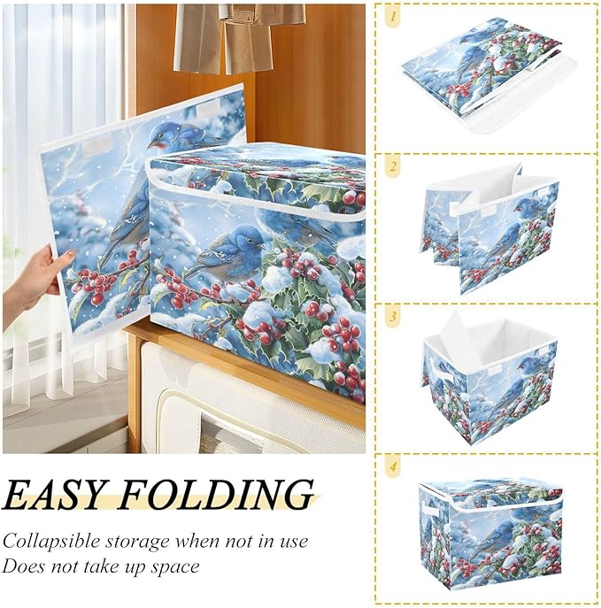 senya Winter Baskets Collapsible Storage Bins with Lids, Blue Bird Evergreen Branch Storage Boxes Clothes Baskets for Organizing