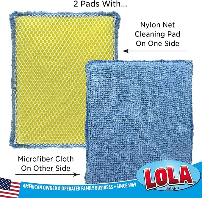 LOLA Microfiber & Nylon Net Sponges, 24 Pack, 12 Dual Sided Non-Scratch Sponge Pads & 12 w/Microfiber Cloth One Side and Nylon Net Other Side