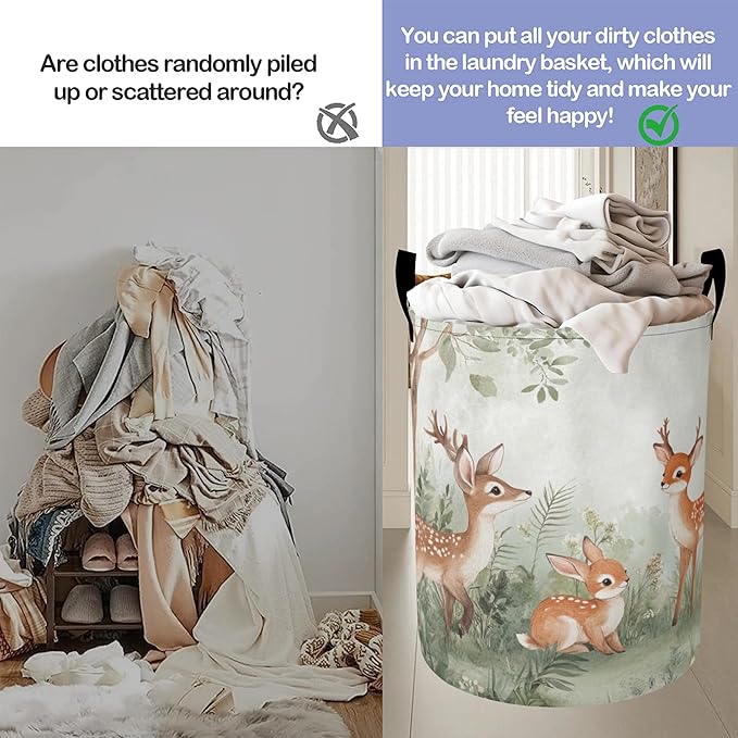 Cute ElkLaundry Basket,Animal World Large Canvas Fabric Lightweight Storage Hamper Organizer Dirty Clothes Collapsible Waterproof for College Dorms,Bathroom