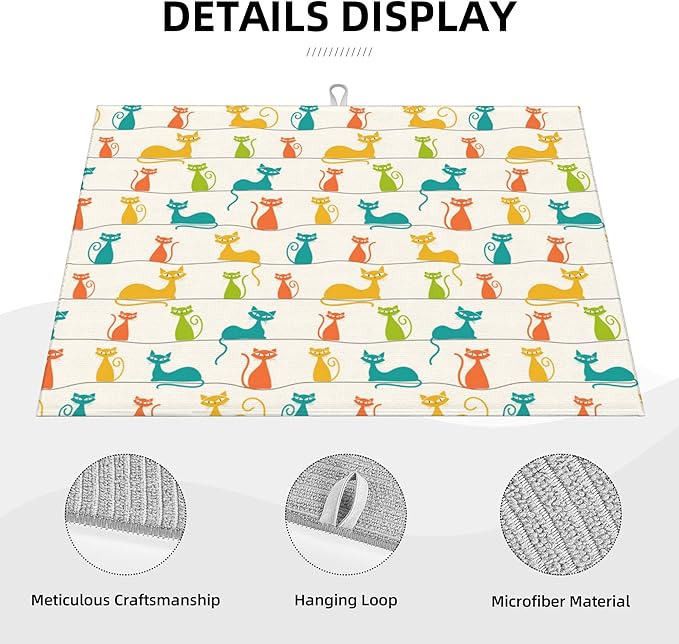 Mid Century Modern Cats Dish Drying Mat for Kitchen Counter Absorbent Reversible Cute Drying Pad Dark Kitchen Decor Dish Drainer Rack Mats 18"x24"