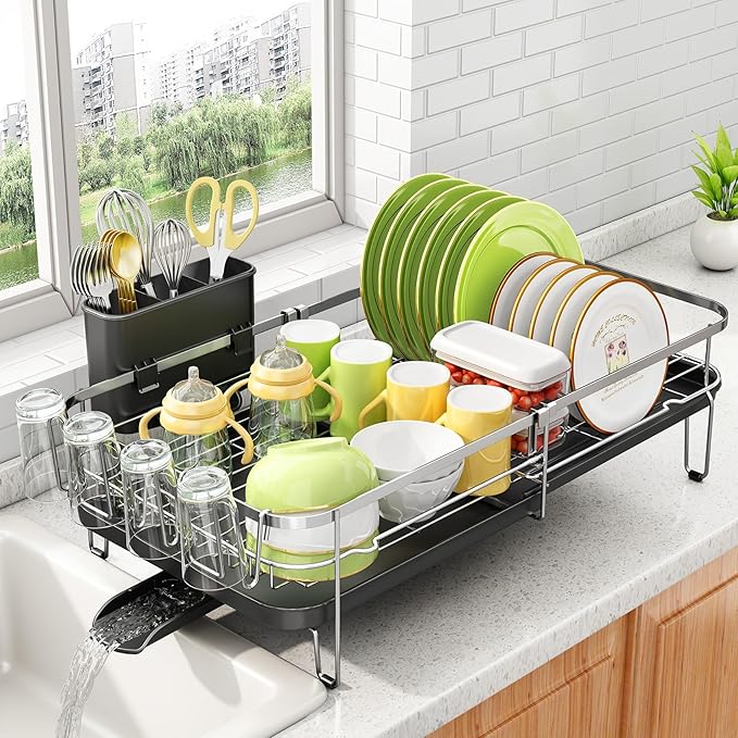 Dish Drying Rack, Expandable Dish Rack for Kitchen Counter, Stainless Steel Dish Drainer with Utensil & Cup Holder 13.8"-22.6" L x 12.1" W (Silver)