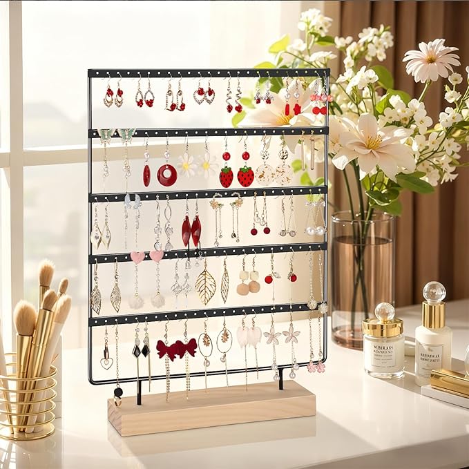 5 Tier 120 Hole Earring Holder Organizer, Rust Proof Metal and Wooden Base Jewelry Organizers and Storage for 60 Pairs of Earrings, Suitable for Home Storage and Sales Display