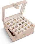 Glenor Co Earring Organizer - Classic 50 Section Jewelry Box/Case/Holder for Earrings, Rings, Necklaces, Jewelry, Cufflinks or Collections -2 Layer Small Compartments with Large Glass Top - Sand