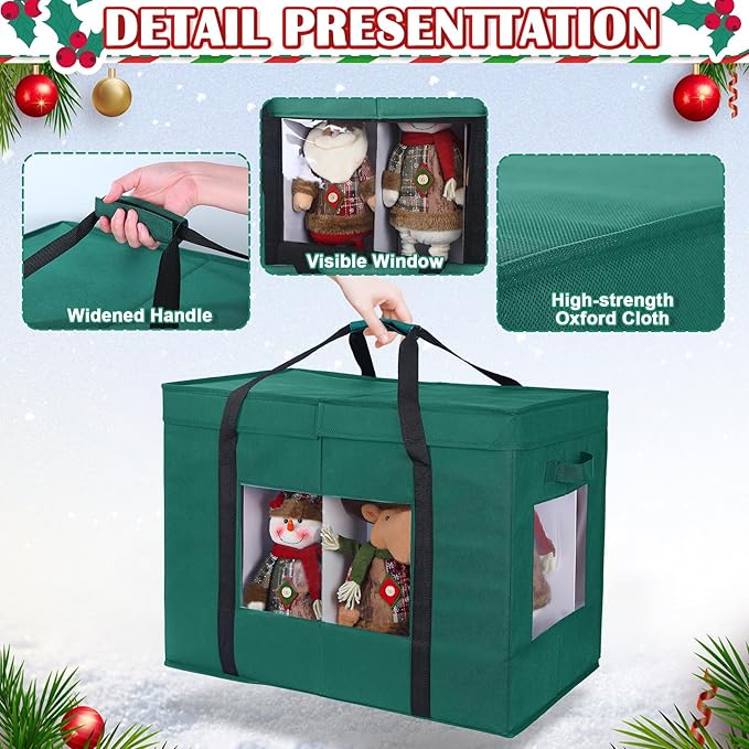 Christmas Figurine Storage Box, 24”x18”x15” Ornament Storage Box, 2025 UpgradeNutcracker Storage Box, Figurine Storage with Dividers, Adjustable Extent Area for Figurines and Pocket, Green