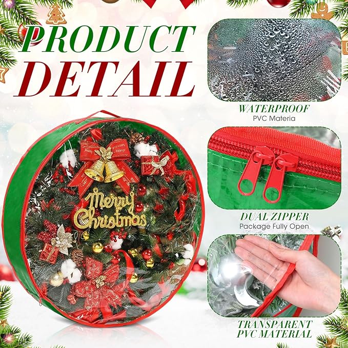 Aliceset 4 Pack Wreath Storage Containers, Christmas Ornament Garland Wreath Storage Bags with Handle Dual Zipper Large Decorative Storages Box for Winter Wreaths(24 x 24 x 7.8 Inch,Light Green)