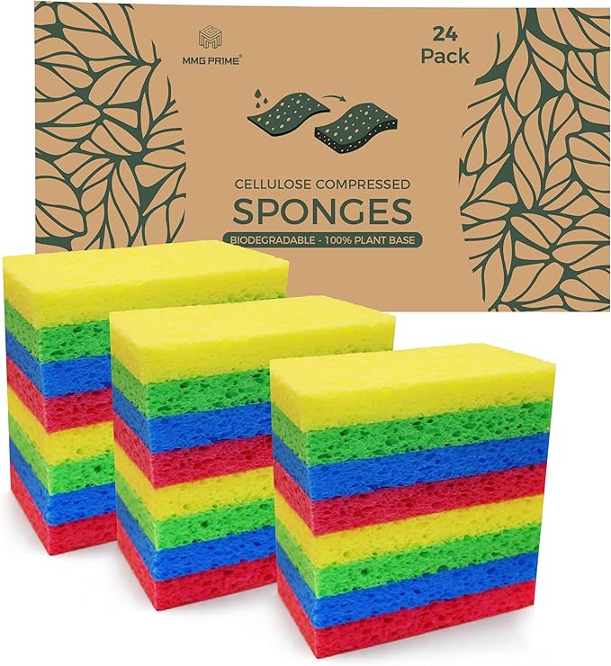 MMG Prime Cellulose Sponges – 24-Pack Multicolored Compressed Natural for Kitchen – Plant-Based, Biodegradable, Non-Scratch, Quick-Dry, Super-Absorbent for Dishes & Surfaces