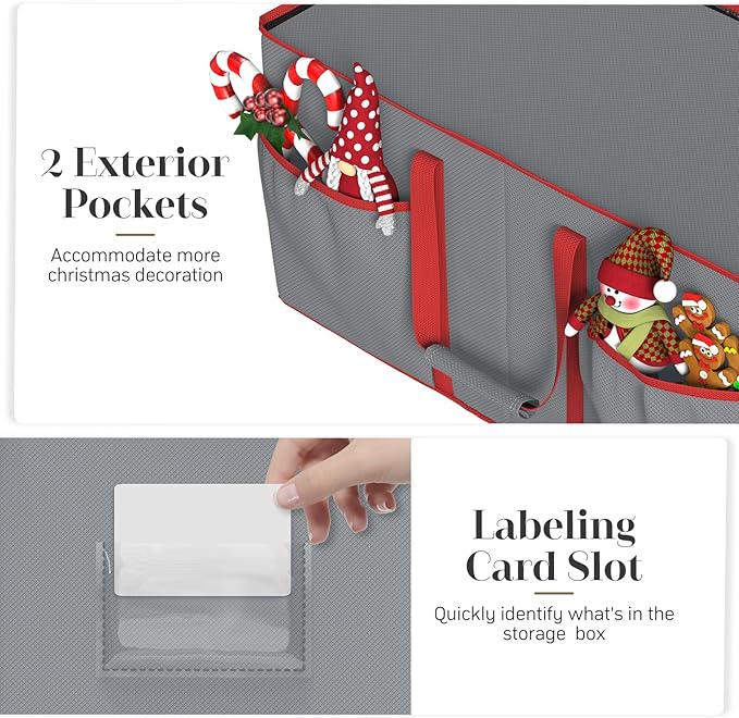 Christmas Ornament Storage Box with 8 Trays, Christmas Storage Container for 128-3'' Holiday Ornament Decorations, Large Xmas Organizer with Adjustable Dividers, Dual Zipper and Pocket (Grey)