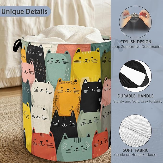 Cute Cat Laundry Basket,Foldable with Handles Tote Bag Oxford Cloth for Bathroom Bedroom Dirty Clothes Storage Bucket 16" x 20.8"