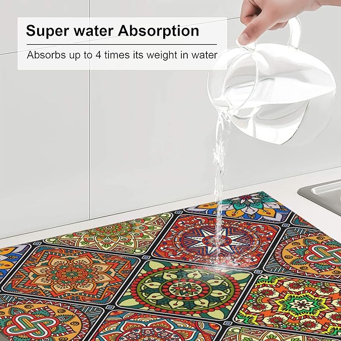 Mandala Colorful Kitchen Drying Mat Retro Microfiber Dish Drainer Mat for Kitchen Counter Boho Decor Absorbent Reusable Washable 16x18 Inch