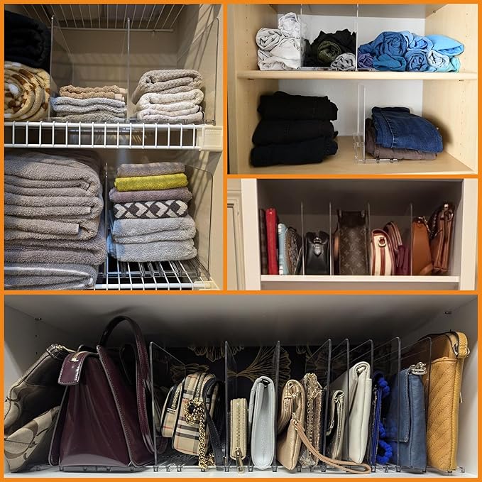 Yieach Clear Acrylic Shelf Dividers for Closet Organization,16Pack Adjustable Bags,Clutch,Purse Organizer and Storage,Handbag Organizer for Closets,Purse Divider,8.8″ Tall Sweater,Tshirt,Towel Divider