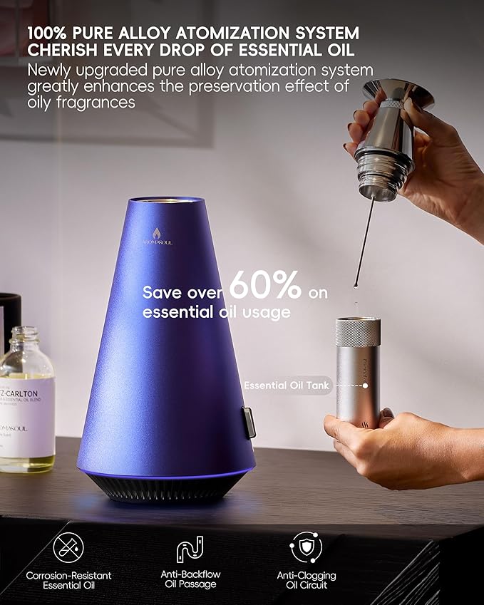 Waterless Scent Diffuser Starter Kit - 1500 Sq Ft Coverage, Alloy Atomization System,Mood Light,Smart Rechargeable Hotel Scent Diffuser, Including 120ml Essential Oil, for Home,Large Room,Spa,Blurple