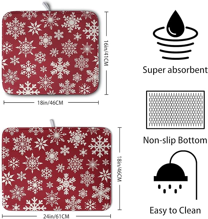 Kwlegh Christmas Snowflakes Dish Drying Mat for Kitchen Counter 16x18 Inch Red White Winter Xmas Pattern Dish Drying Pad for Dishes Microfiber Absorbent Dish Drainer Rack Mats for Countertop