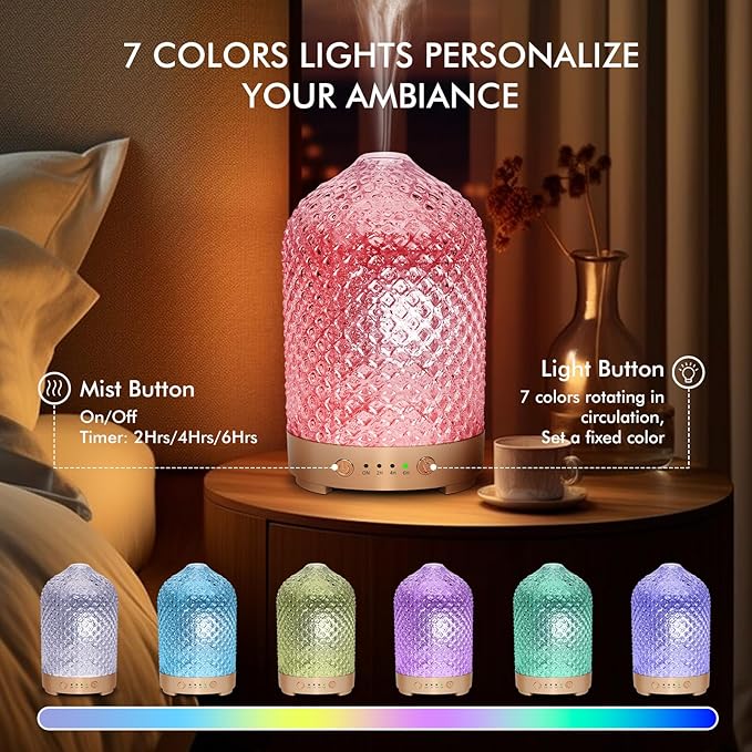 Glass Essential Oil Diffuser 200ml-Ultrasonic Aroma Diffuser with Glass Dome, Aromatherapy Diffuser with 4 Timers 7 Color LED Lights Auto Shut-Off Protection for Home Office Yoga Gift